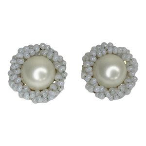 Vintage Marvella Earrings Clip On White Faux Pearl Encrusted Round Stamped 1"